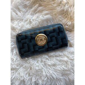 Furla Blue Wallet With Geometric Pattern & Gold Logo Accent